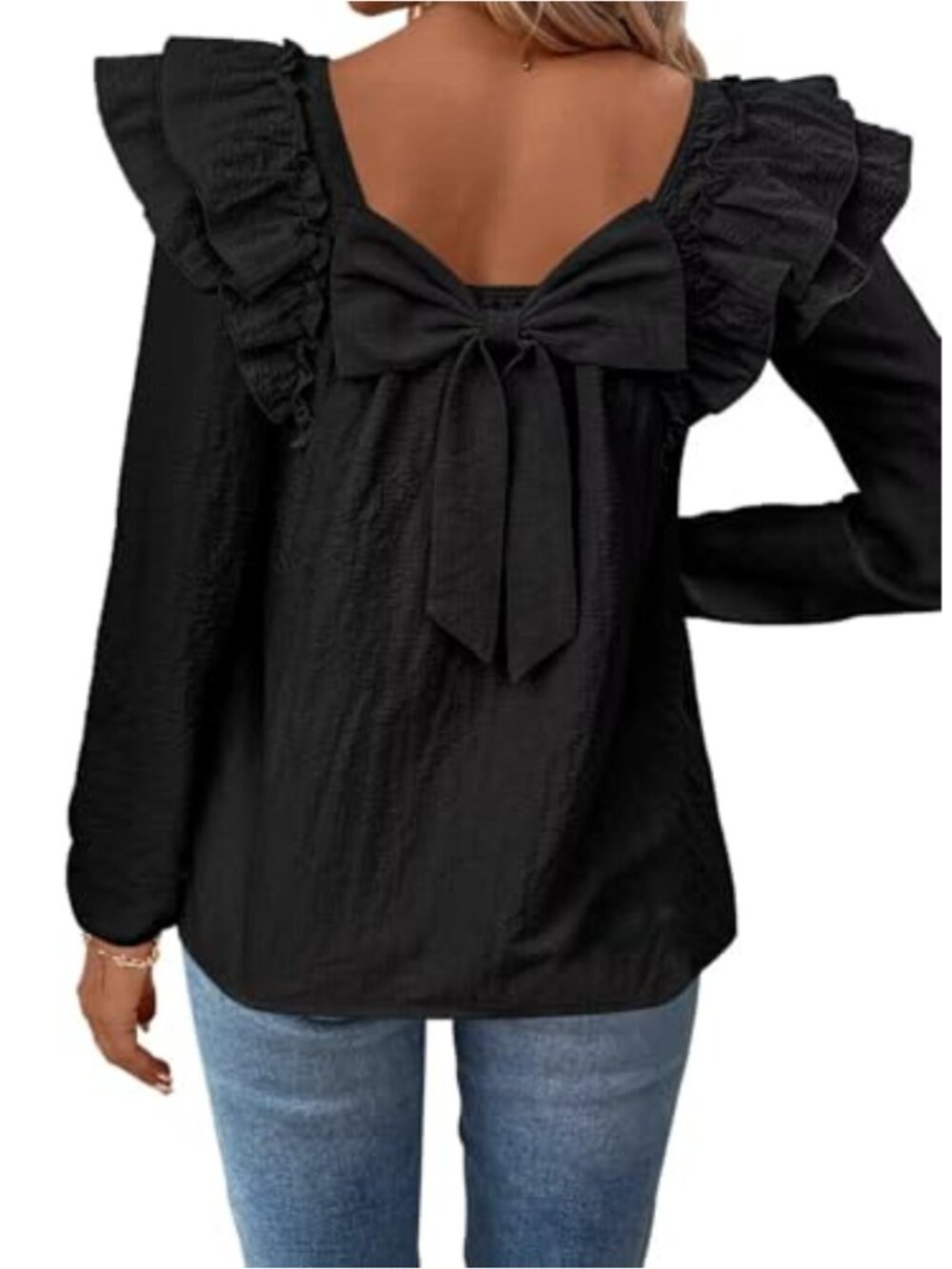 Womens Bow Tie Back Babydoll Top Square Neck Long Sleeve Blouse